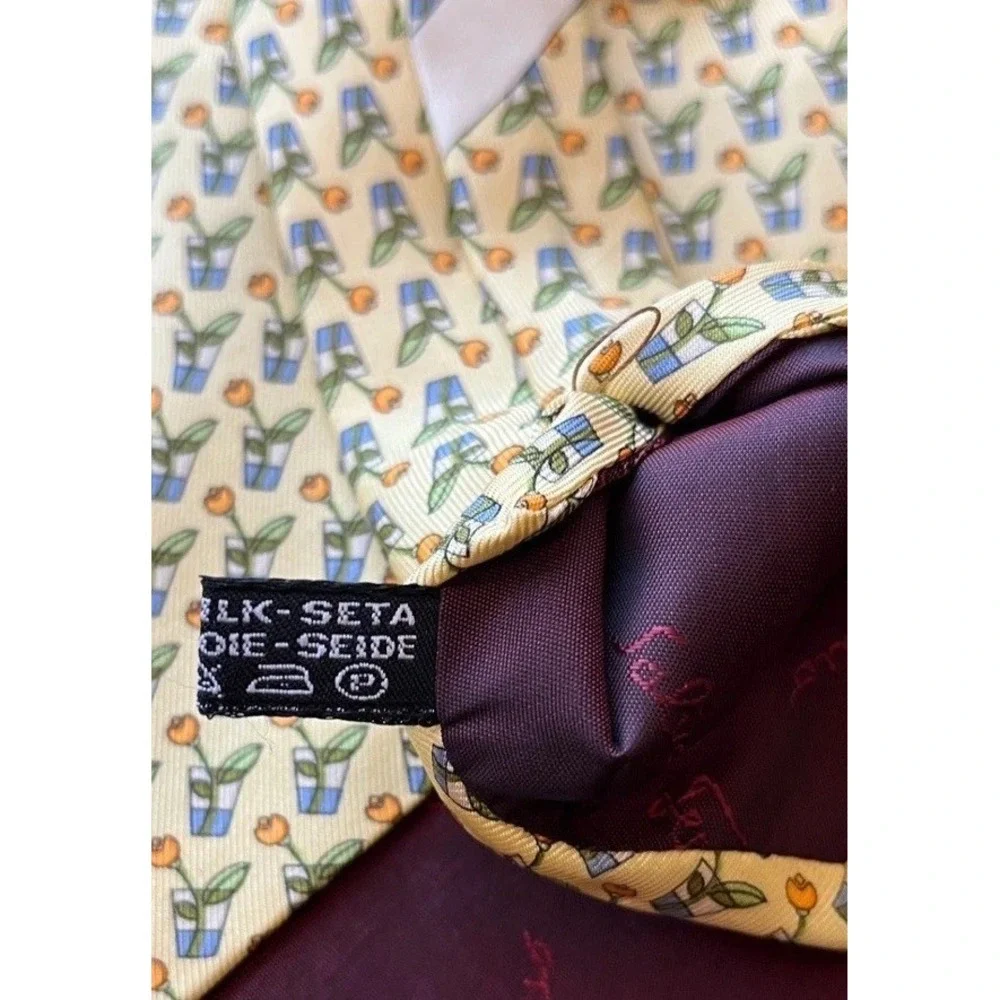 Salvatore Ferragamo Men Silk Tie Yellow Orange Potted Tulip Flower Made in Italy